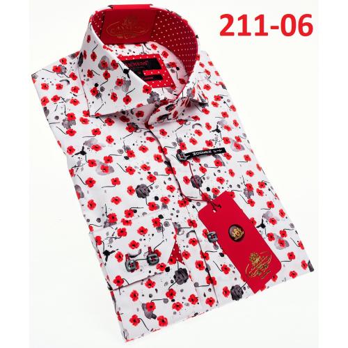 Axxess White / Red / Grey Maple Leaf Design Cotton Modern Fit Dress Shirt With Button Cuff 211-06.